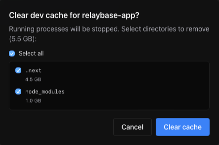 Duck Launcher Clear Dev Cache modal showing .next and node_modules sizes
