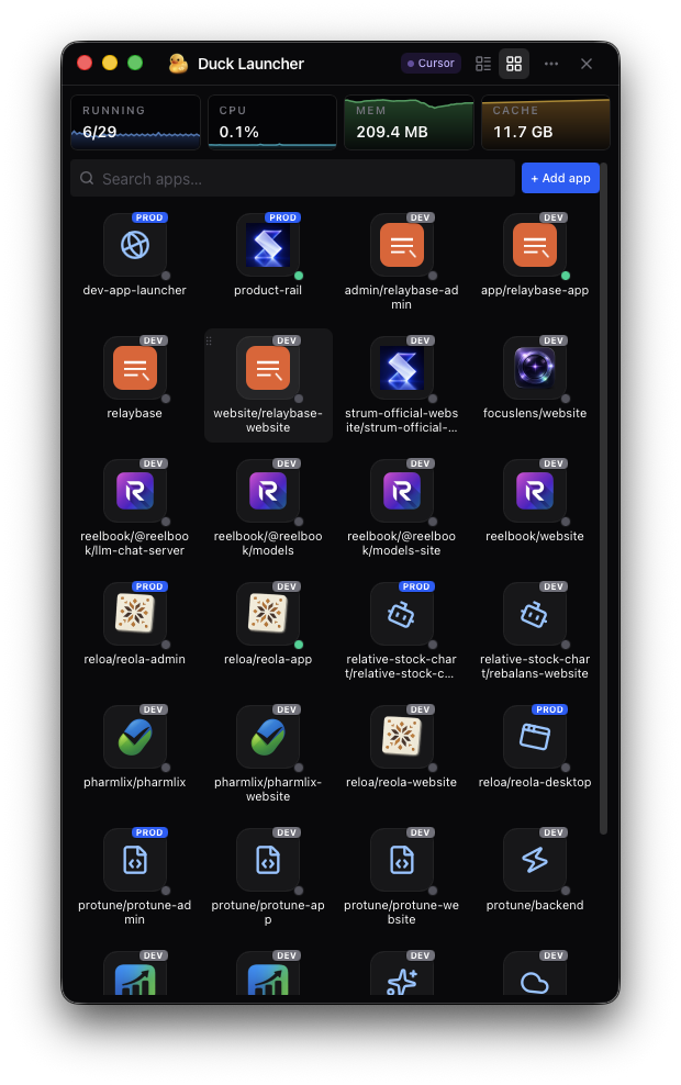 Duck Launcher Grid View — card grid with CPU gauges and status badges