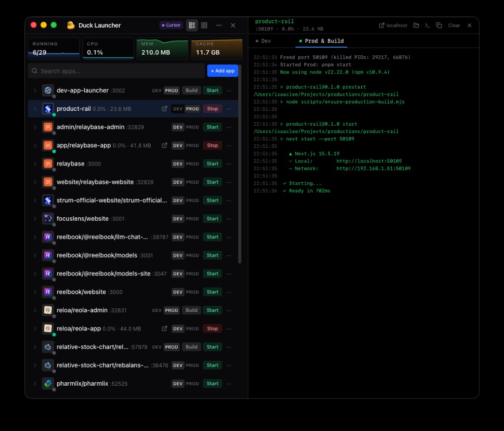 Duck Launcher List View — multiple localhost apps with dev/prod toggle and resource indicators